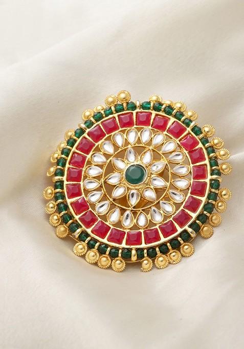 Gold Plated Kundan Studded And Pearl Beaded Finger Ring