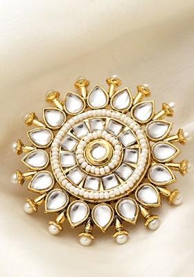 Gold Plated Kundan Solitaire Studded Pearl Beaded Finger Ring