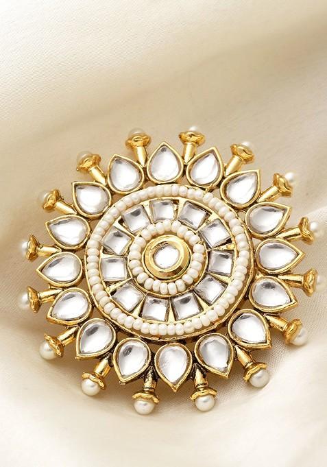 Gold Plated Kundan Solitaire Studded Pearl Beaded Finger Ring