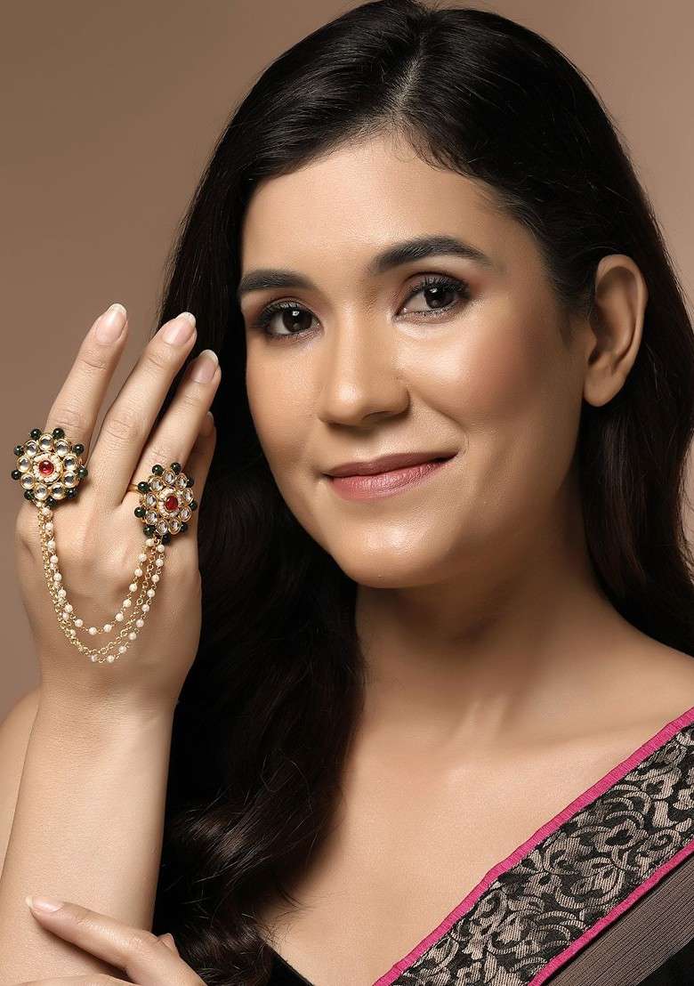 Gold Plated Stone Studded And Pearl Beaded Finger Ring - Indya