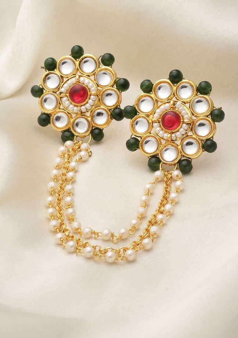 Gold Plated Stone Studded And Pearl Beaded Finger Ring - Indya