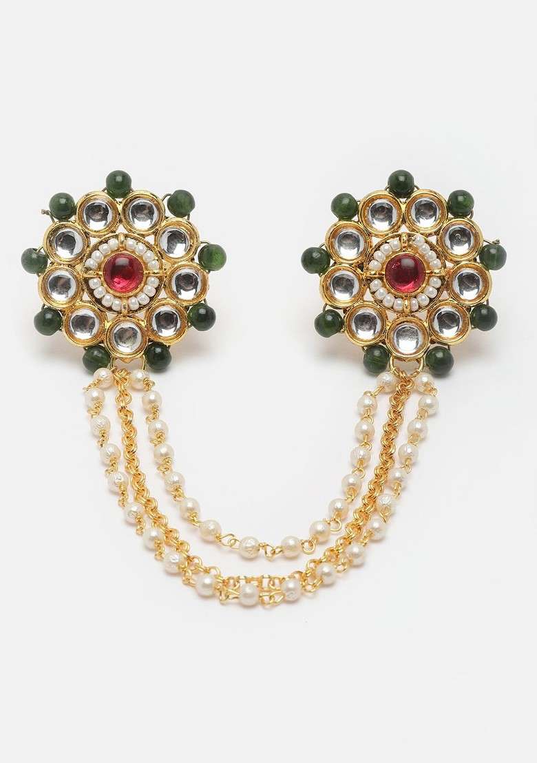 Gold Plated Stone Studded And Pearl Beaded Finger Ring - Indya