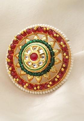 Gold Plated Stone Studded And Pearl Beaded Finger Ring