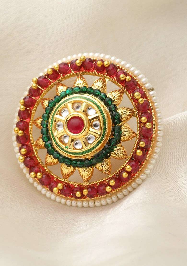 Gold Plated Stone Studded And Pearl Beaded Finger Ring - Indya