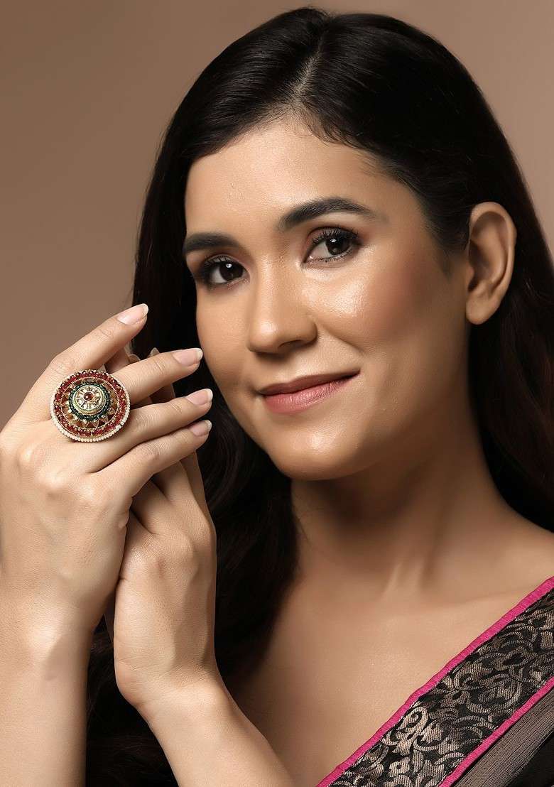 Gold Plated Stone Studded And Pearl Beaded Finger Ring - Indya