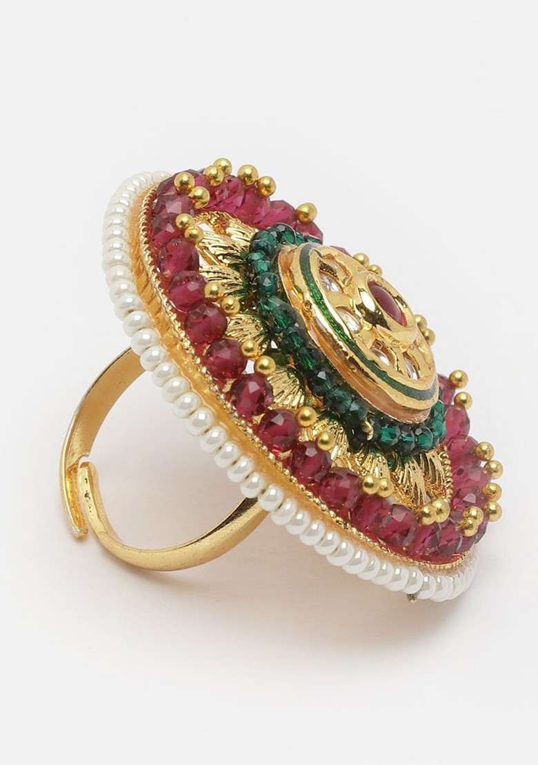 Gold Plated Stone Studded And Pearl Beaded Finger Ring - Indya