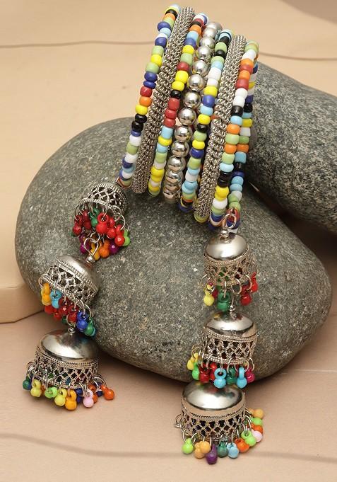 Set Of 7 Beaded Silver Bangles