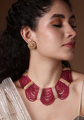 Gold Plated Stone Studded And Pearl Beaded Jewellery Set