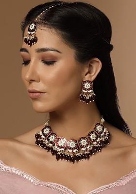 Gold Plated Kundan Studded And Beaded Necklace With Earings and Maang Tika