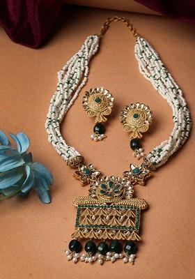 Gold Plated Stone Stud And Pearl Bead Necklace and Earrings