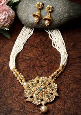 Gold Plated Floral Shaped Stone Stud And Bead Necklace And Earrings