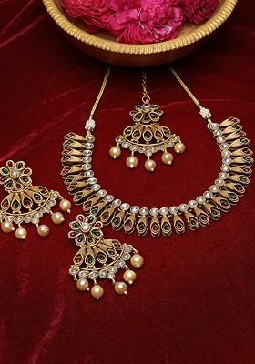 Gold Plated Kundan Stone Stud And Pearl Bead Jewellery Set