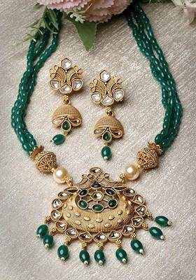 Gold Plated Kundan Stone Stud And Pearl Bead Necklace And Earrings