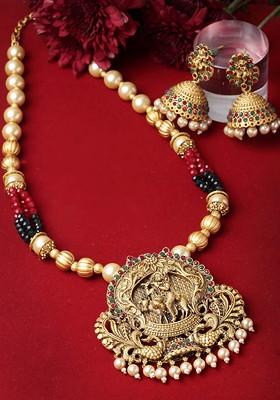 Gold Plated Stone Stud And Bead Temple Jewellery Set