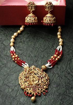 Gold Plated Kundan Stud And Bead Necklace And Earrings