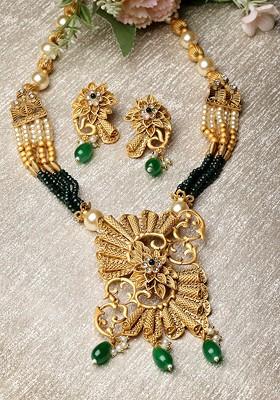 Gold Plated Stone Stud And Pearl Bead Necklace and Earrings