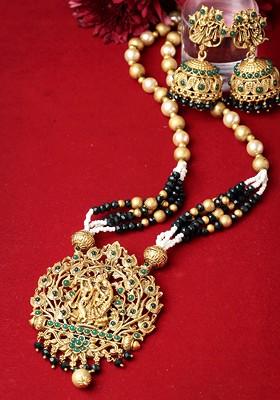 Gold Plated Stone Stud And Bead Temple Jewellery Set