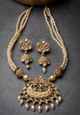 Gold Plated Kundan Stone Stud And Pearl Bead Jewellery Set