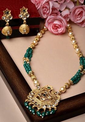 Gold Plated Kundan Stud And Pearl Bead Jewellery Set