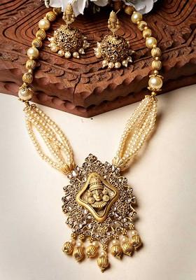 Gold Plated Stone Stud And Bead Temple Jewellery Set