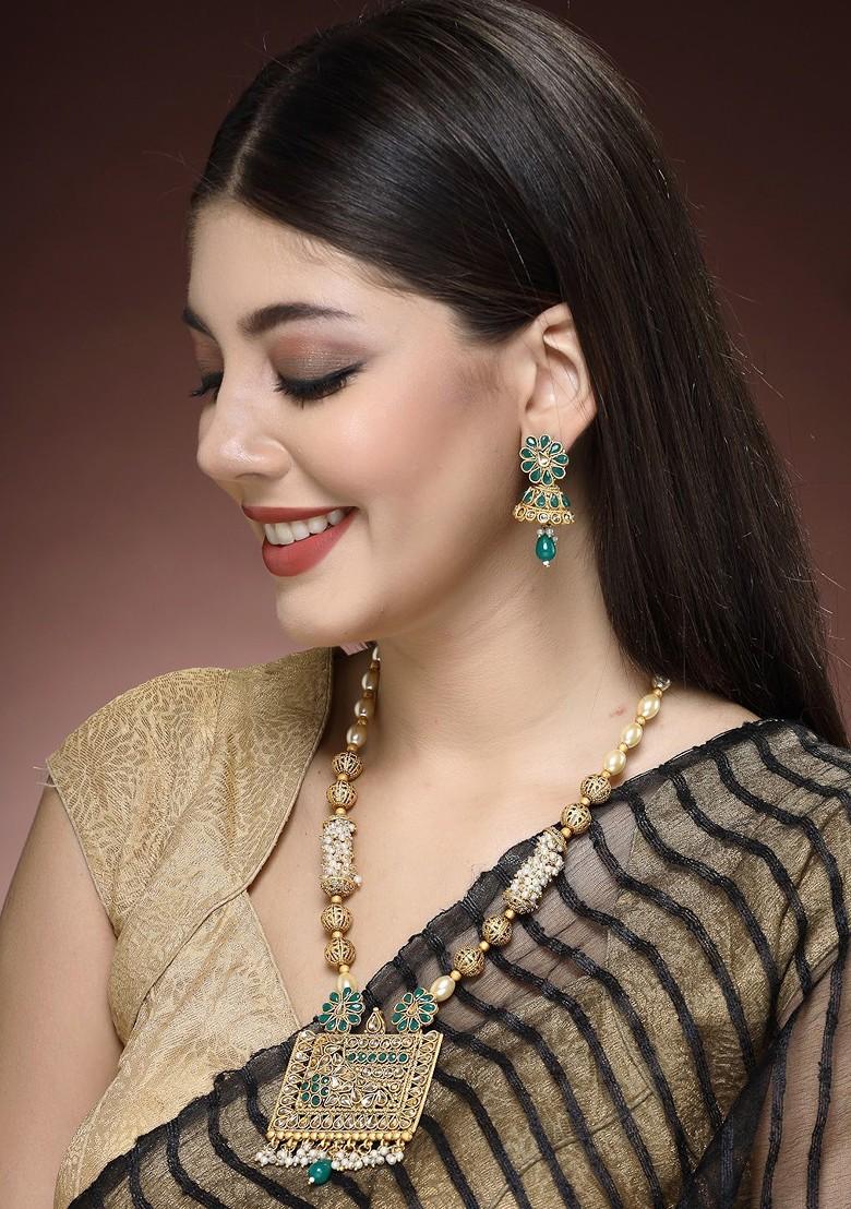 Gold Plated Kundan Stud And Bead Necklace And Earrings