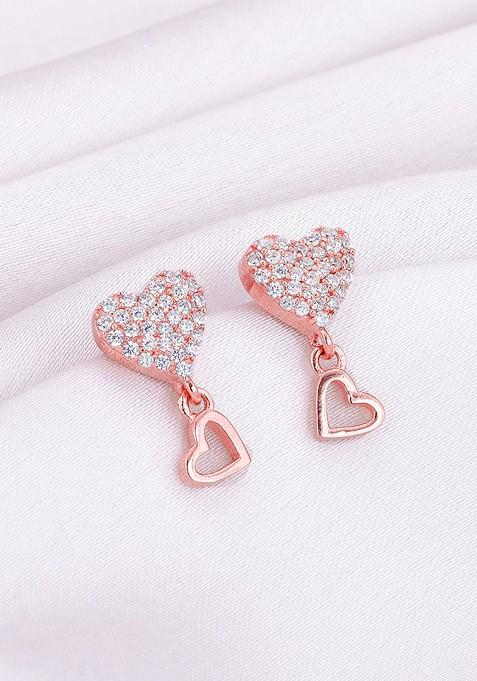 Indya X Giva 925 Sterling Silver Rose Gold Plated Zircon Studded Heart Shaped Drop Earrings