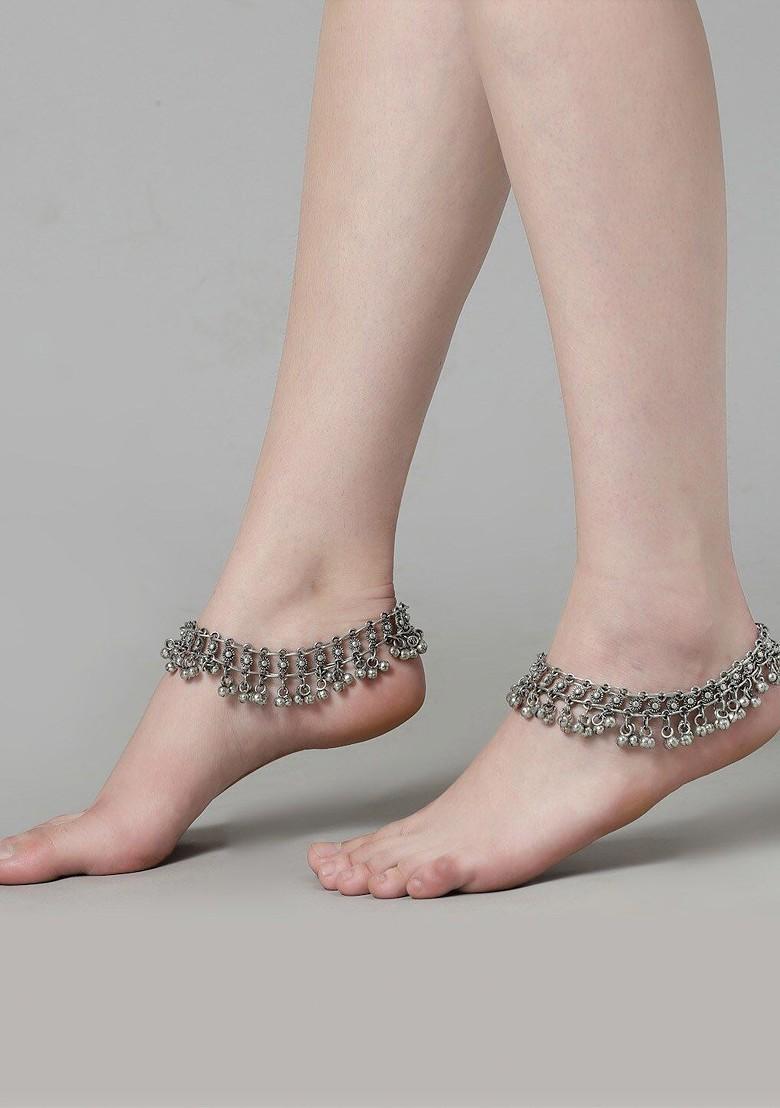 Set Of 2 Silver Plated Oxidised Anklets - Indya
