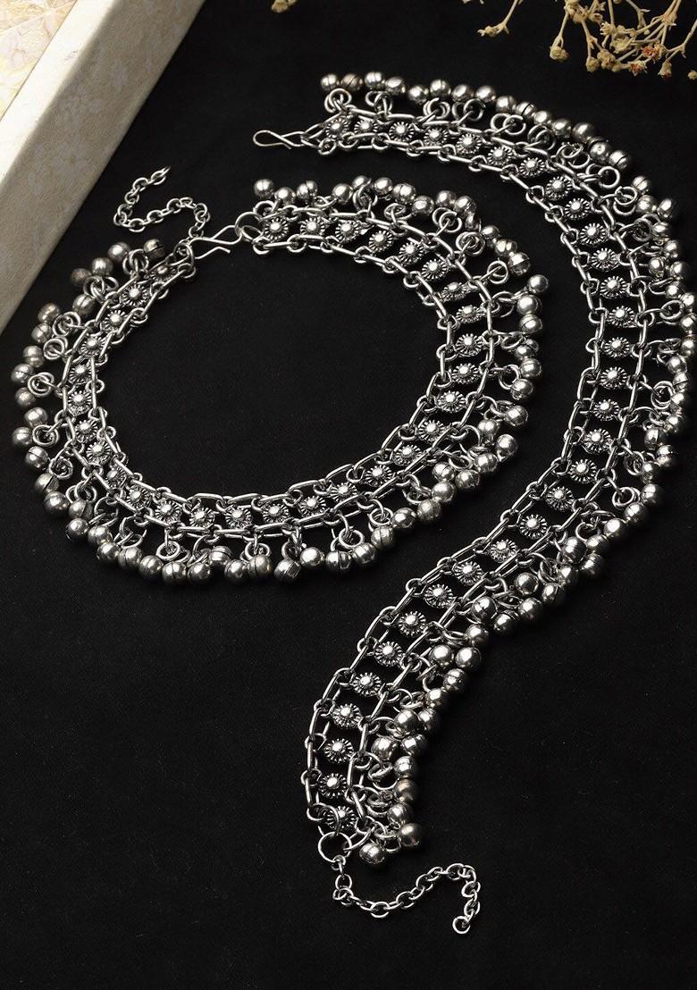Set Of 2 Silver Plated Oxidised Anklets