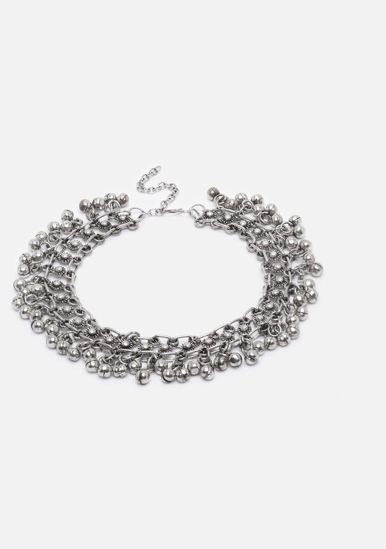 Set Of 2 Silver Plated Oxidised Anklets - Indya