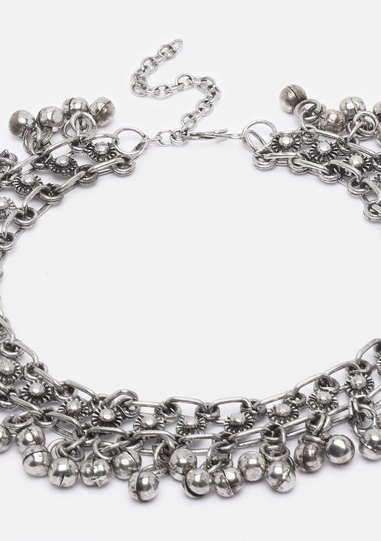 Set Of 2 Silver Plated Oxidised Anklets - Indya