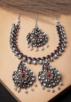 Oxidised Silver Plated Kundan Stud And Pearl Bead Jewellery Set