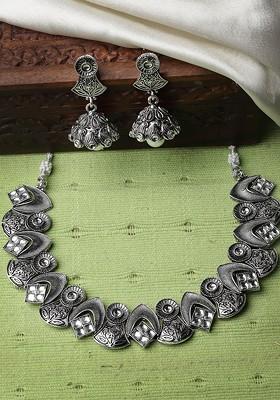 Oxidised Silver Plated Kundan Stud Jewellery Set