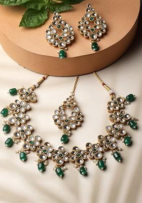 Gold Plated Kundan Stone Stud And Bead Jewellery Set