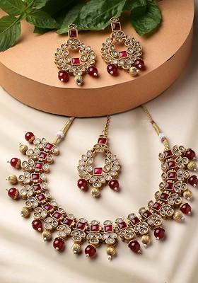 Gold Plated Kundan Stone Stud And Bead Jewellery Set