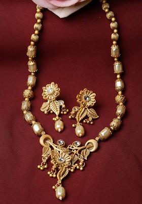 Gold Plated Stone Stud And Pearl Bead Necklace and Earrings