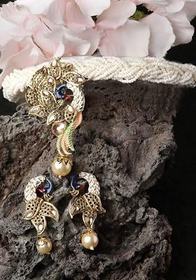 Gold Plated Stone Stud And Pearl Bead Necklace and Earrings