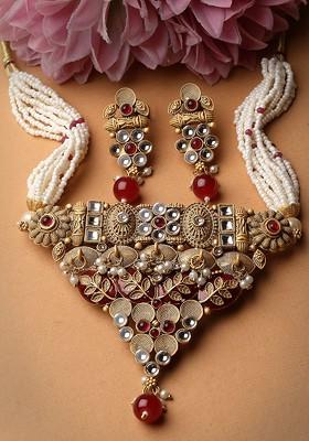 Gold Plated Kundan Stone Stud And Bead Jewellery Set