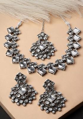 Silver Plated Kundan Stone Stud And oxidised Jewellery Set