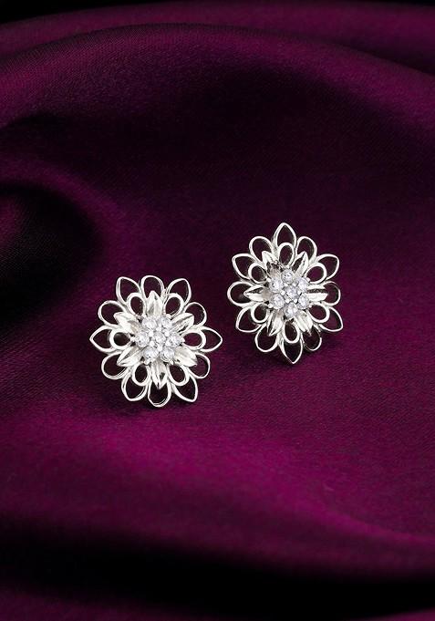 Indya X Giva Rhodium Plated 925 Sterling Silver Zircon Studded Floral Studs Earrings