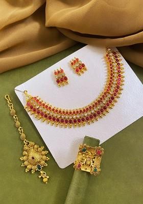Gold Plated Stone Studded Jewellery Set With Finger Ring And Maangtikka
