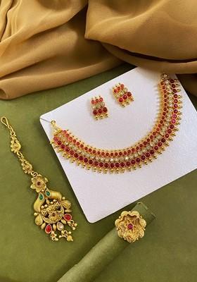 Gold Plated Stone Studded Jewellery Set With Finger Ring And Maangtikka