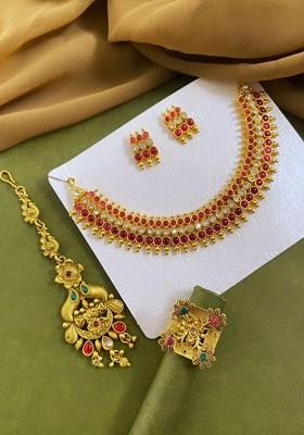 Gold Plated Stone Studded Jewellery Set With Finger Ring And Maangtikka