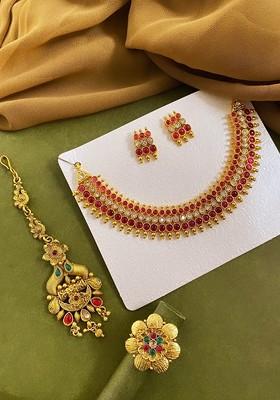 Gold Plated Stone Studded Jewellery Set With Finger Ring And Maangtikka