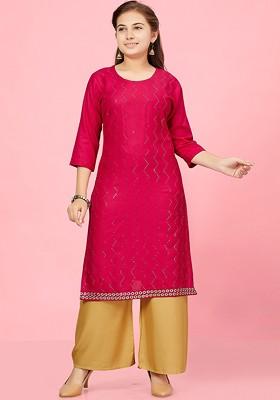 Chevron Embroidered Sequinned Pure Cotton Kurta With Palazzos
