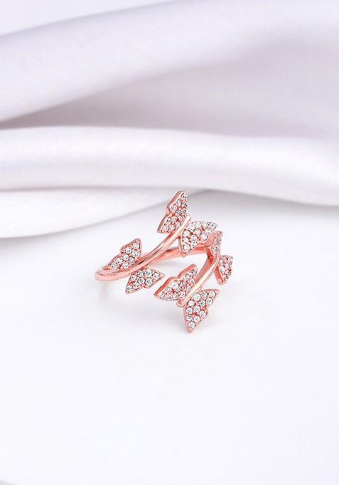 Indya X Giva 925 Sterling Silver Rose Gold Plated Cz Studded Adjustable Finger Ring