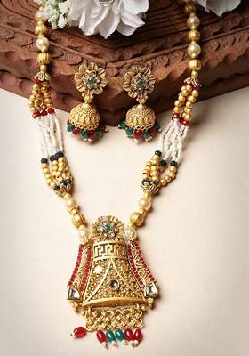 Gold Plated Kundan Stone Stud And Bead Necklace and Earrings