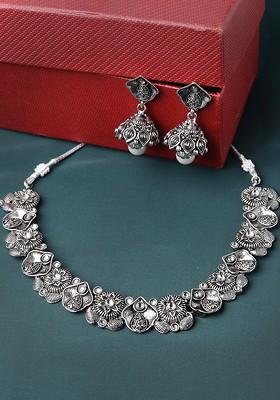 Silver Plated Kundan Stone And Pearl Oxidised Necklace And Earrings
