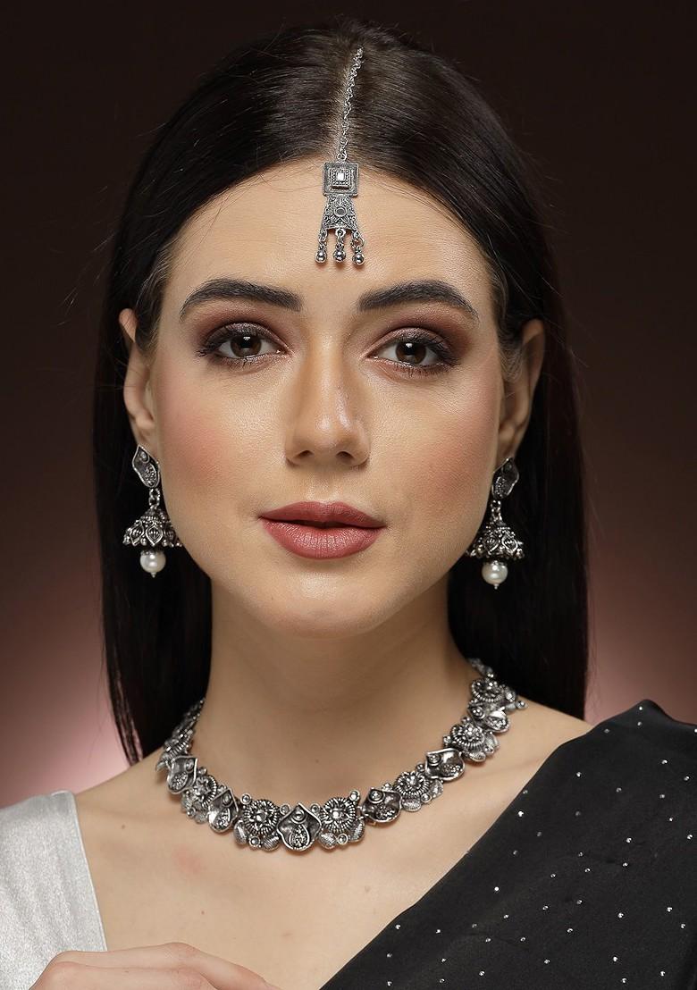 Silver Plated Kundan Stone And Pearl Oxidised Necklace And Earrings