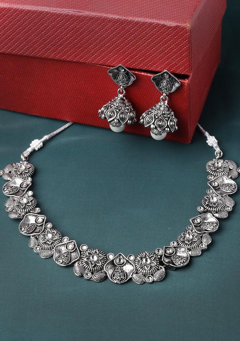 Silver Plated Kundan Stone And Pearl Oxidised Necklace And Earrings