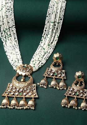 Gold Plated Kundan Stone Stud And Pearl Bead Necklace And Earrings